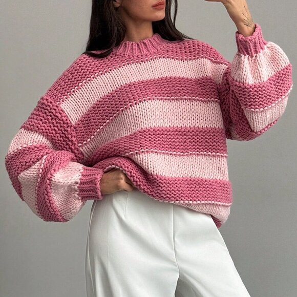 Pink Casual Women's Chunky Knit Contrast Color Lovely Crew Neck Warm Sweater - Picture 1 of 7